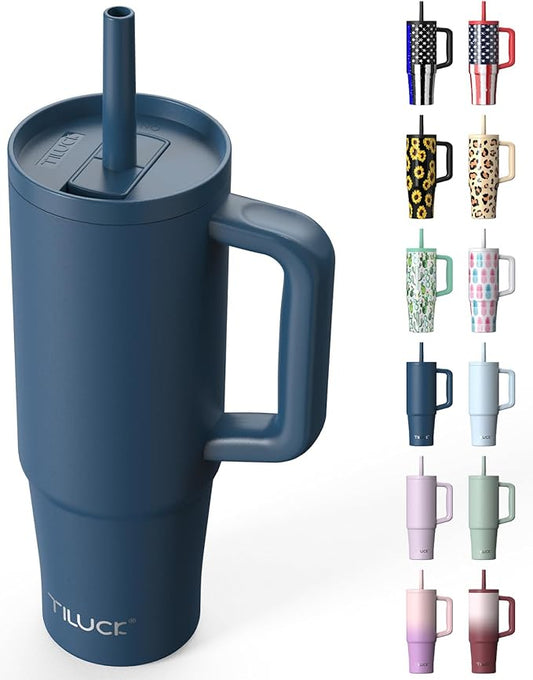 TILUCK 30 oz Tumbler with Handle, Vacuum Insulated Stainless Steel Travel Mug with 100% Leak-Proof Silicone Straw Lid, Cupholder Friendly Water Bottle(DarkBlue, 30oz)