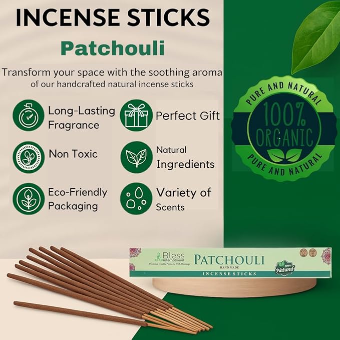 Bless-Patchouli 100%-Natural-Handmade-Hand-Dipped Organic-Chemicals-Charcoal-Free Purification-Relaxation-Positivity-Yoga-Meditation Best-Woods-Scent (500 Sticks (26 OZ)) BlessInternational