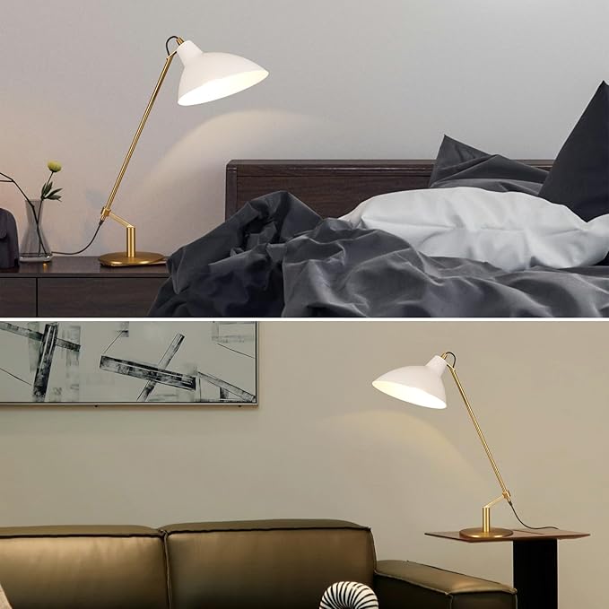 Desk Lamp Modern Industrial 100% Metal Table Lamp 22", Soft White Light (3000K) with Adjustable Switch, Ideal for Office Bedroom Study Room Living Room Nightstand Bedside Lamps White+Brass - Bloomnest