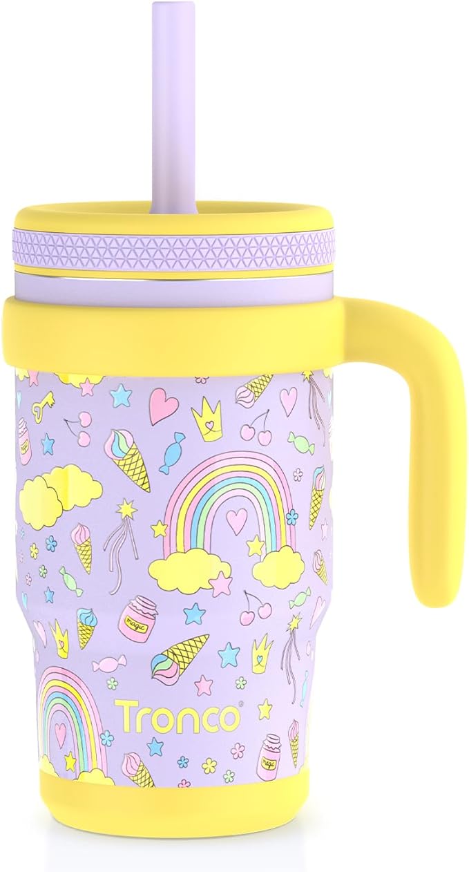 Tronco 14 oz Kids Insulated Tumbler with Handle & Spill Resistant Flexible Straw, BPA-Free Stainless Steel Toddler Cups with Lids, Splash-Proof Kid Drinking Cup Travel Mugs, Hand Wash Only - Bloomnest