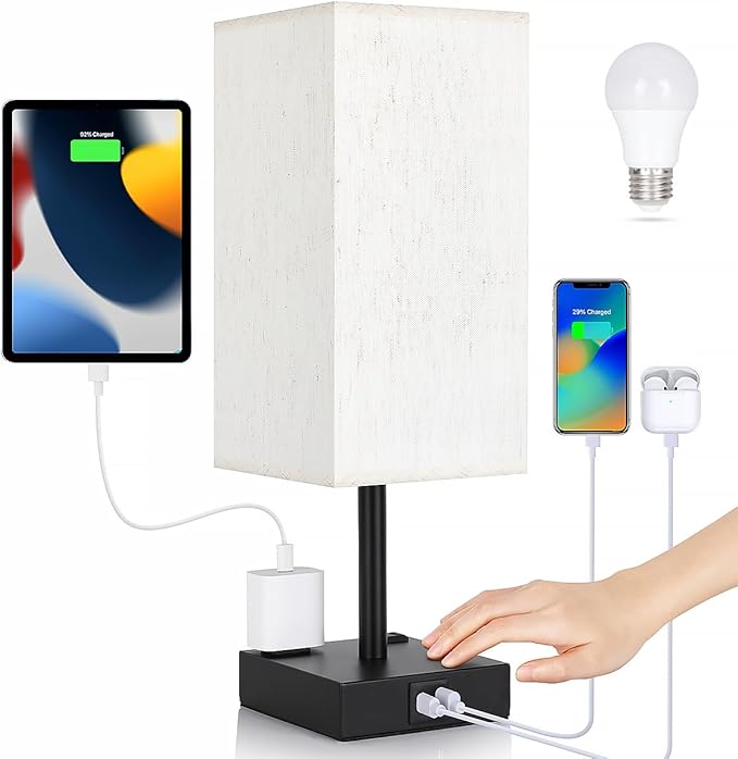 Bedside Table Lamp for Bedroom - Touch Small Lamp with USB C+A Charging Ports & AC Outlets, 3 Way Dimmable Nightstand Light for Living Room (LED Bulb Included, Flaxen) - Bloomnest