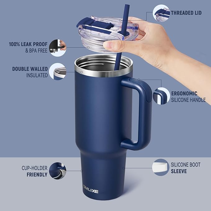 40 oz Tumbler with Handle and Straw Lid,Insulated Reusable Stainless Steel Water Bottle Travel Mug，Cupholder Friendly Double Wall Vacuum Sealed Cup (Navy) - Bloomnest