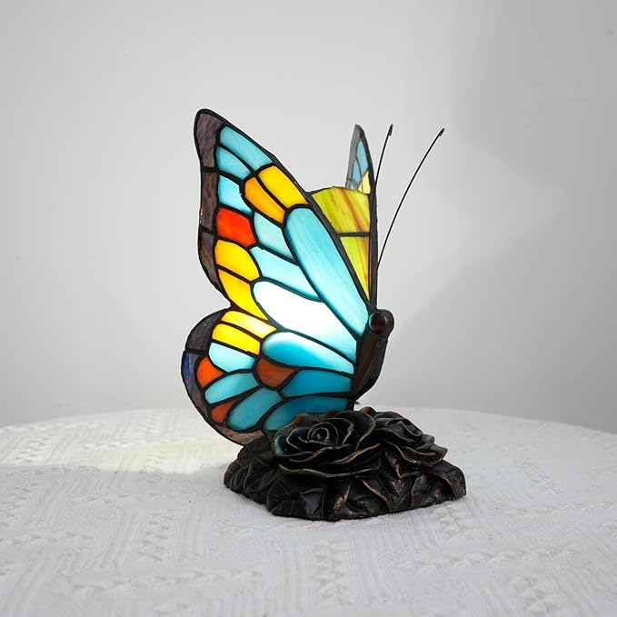 Sky Blue and Orange Bedside Lamp Cute Fun Butterfly Small Tiffany Lamp Vintage Style Stained Glass Table Lamp for Bedroom Dorm Decor Unique Nightstand Night Light Kids Gift Desk Lamps Rose Base - Bloomnest