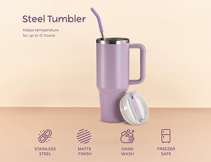 KooK Stainless Steel Tumbler, with Straw and Handle, Leakproof, Vacuum Insulated Travel Coffee Mug, Reusable Double Walled Water Bottle, Keeps Hot or Cold, 40 oz, Lilac - Bloomnest