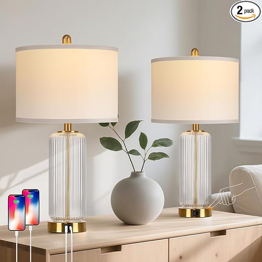 Table Lamps Set of 2 with Touch Control, 27" Modern Glass Bedside Lamps with USB A+C Ports, 3-Way Dimmable Nightstand Lamp with Vertical Grained Glass, Bedside Table Lamps, Desk Lamp for Bedroom - Bloomnest