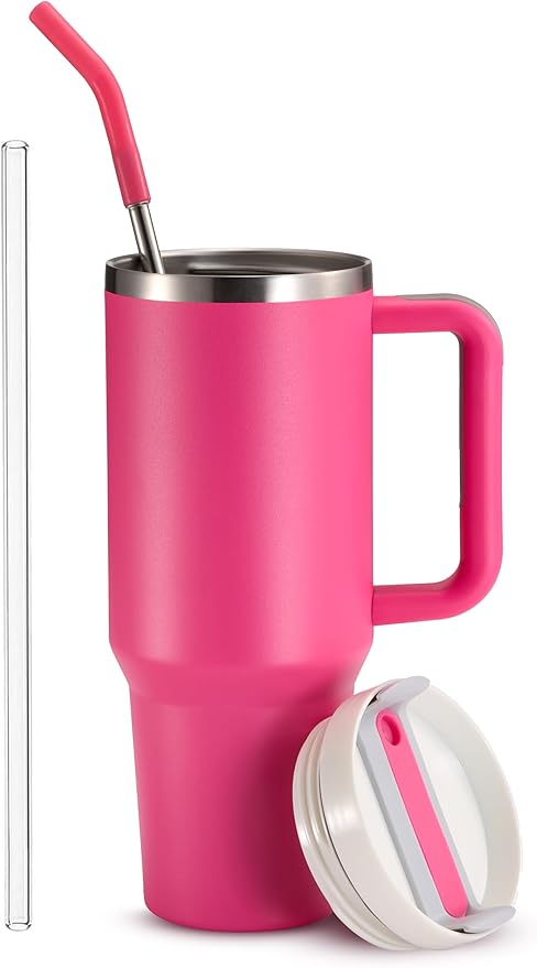 KooK Stainless Steel Tumbler, with Straw and Handle, Leakproof, Vacuum Insulated Travel Coffee Mug, Reusable Double Walled Water Bottle, Keeps Hot or Cold, 40 oz, Bubblegum Pink - Bloomnest