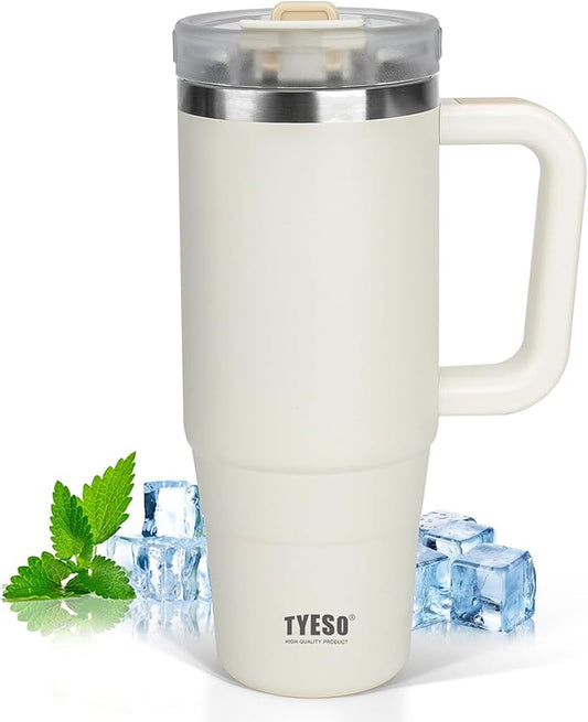 Tyeso 30 oz Tumbler with Handle, Straw and Lid - Leak Resistant Insulated Stainless Steel Water Bottle, Car Cup Holder Friendly Travel Coffee Mug White - Gifts for Men & Women - Bloomnest