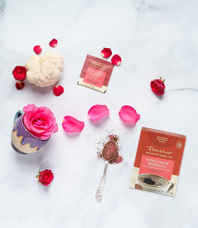 Teeccino Caffeine-Free Mushroom Adaptogenic Herbal Tea - Lion’s Mane Rhodiola Tea - Rose, 3x More Herbs than Regular Teas, Lightly Sweet from Dates & Figs, Chicory Prebiotic - 10 Tea Bags - Bloomnest