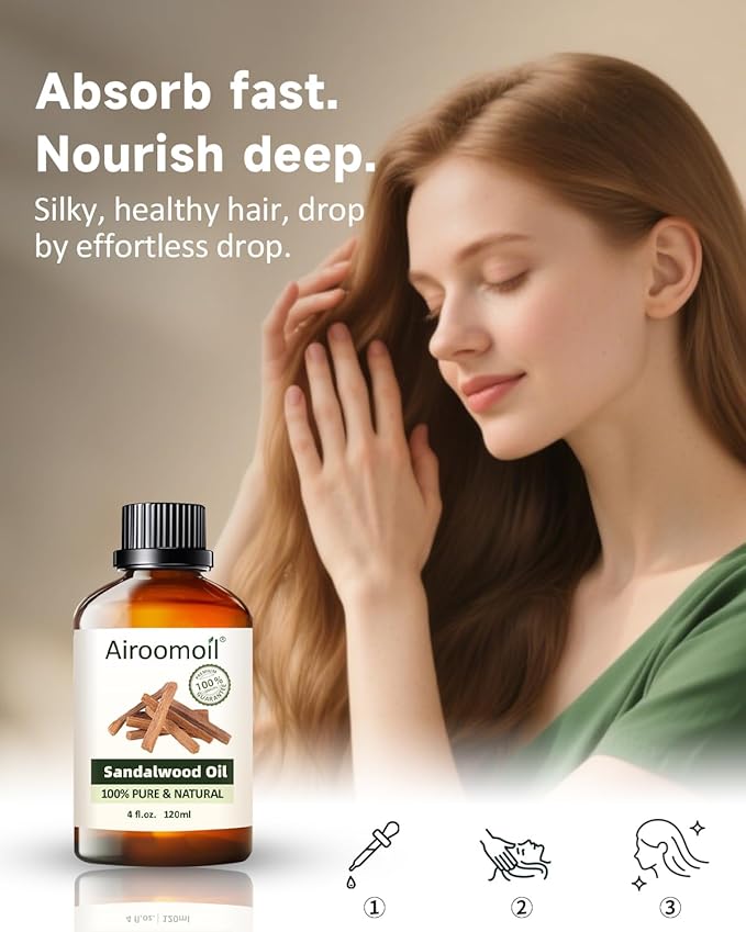 Sandalwood Essential Oil, 100% Pure Natural Sandalwood Oil for Diffuser, Aromatherapy, Skincare, Oil, Massage & DIY Perfume Making, Large 4 fl oz | Woody, Creamy, Long-Lasting Scent Airoomoil