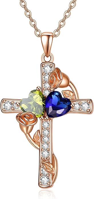 Rose Gold Dual Birthstones Cross Necklace for Women Rose Flower Jewelry Anniversary Christmas Mother's Valentine's Day Birthday Gift for Wife Girlfriend Mom - Bloomnest
