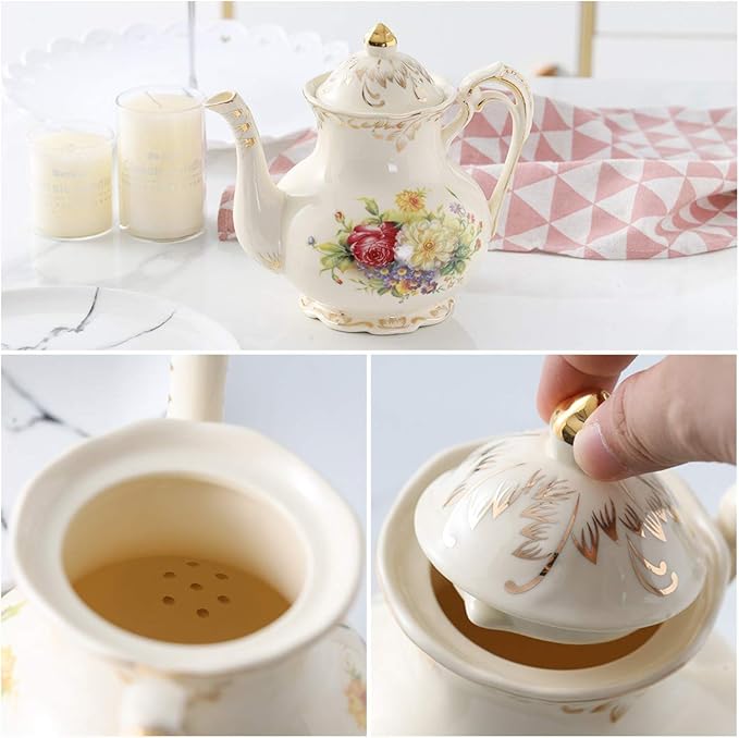 YOLIFE Flowering Shrubs Teapot, 25 oz/ 3 Cup Vintage Ivory Ceramic Tea Pot, Ivory Floral Teapot with Gold Trim - Bloomnest