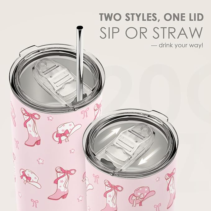 SANDJEST Cowgirl Tumbler 20oz, Stainless Steel Travel Cup with Lid, Insulated Coffee Mug, Cowgirl Gifts for Women Girls Friends Sisters on Birthday Christmas (Pink) - Bloomnest