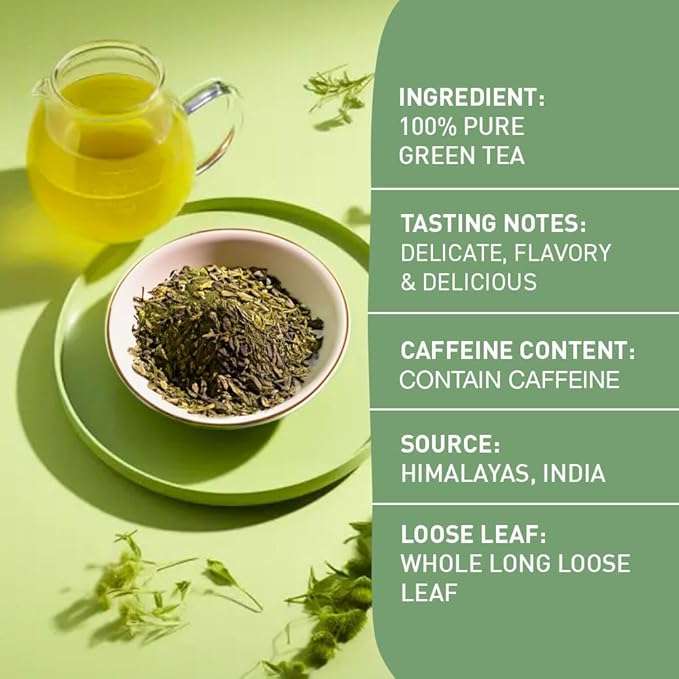 HANDPICK, Green Tea Loose Leaf (255g/9oz) 127 Cups | Non-GMO, 100% Pure Green Tea Leaves Sourced from Himalayas, India | Resealable Ziplock Pouch - Bloomnest
