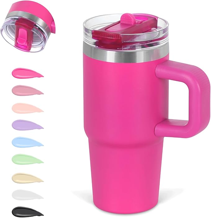 Cosictic 14 Oz Flip Straw Tumbler with Handle for Kids, Stainless Steel Double Wall Insulated Cup for Children with Flip Top Lid, 14 Oz Leak-proof Cups for Kids, Hot Pink - Bloomnest