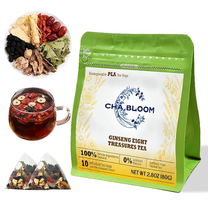 Ginseng Five Treasures Tea – Premium Traditional Chinese Herbal Infusion, Natural Tea Bags with Ginseng & Goji, 8g × 10 Packs - Bloomnest