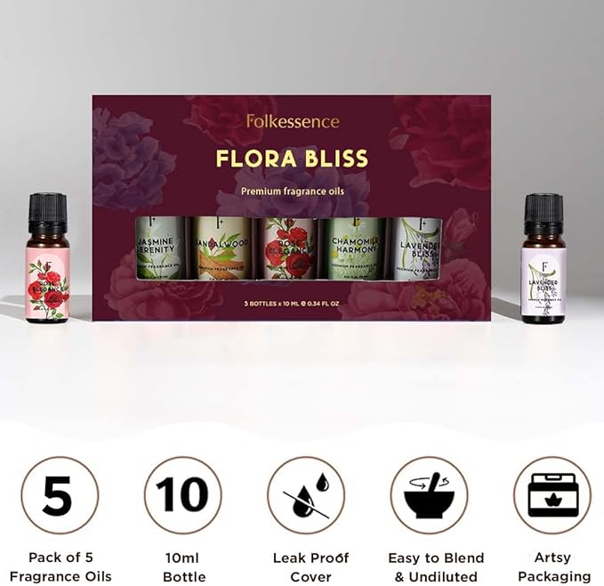 Folkulture Essential Oils for Home | Set of 5 (0.34 fl oz x 5) Sandalwood Essential Oil or Rose Diffuser Oils for Relaxation | Lavender Essential Oil or Chamomile Oil Scents | Jasmine Oil for Women - Bloomnest