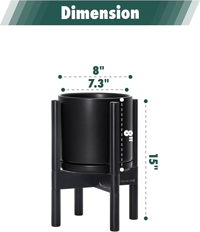 D'vine Dev Ceramic Planter with Ebony Stand - 8 Inch Modern Round Flower Pot with Wood Planter Holder, Black, 55-B-M-2 - Bloomnest