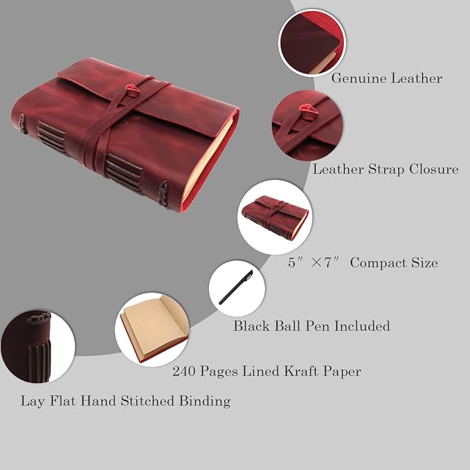Red Notebook Journal - Genuine Leather Journals for Writing Small Size Diary 5.5x7.5 Inch, Notepad For Women and Man, Gifts,Work,Travel Wine Red - Bloomnest