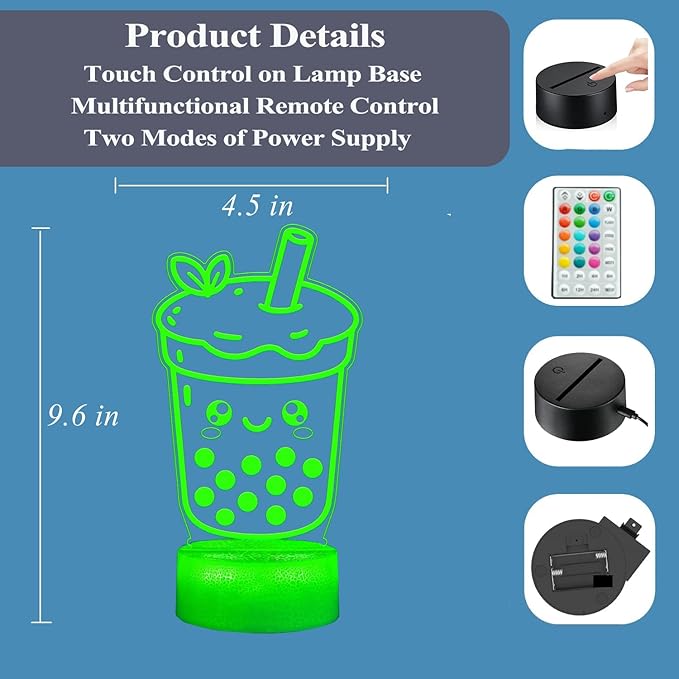Boba Tea Night Light, Boba Lamp, 3D Illusion Lamp with Remote Control, 16 Color Changing, Timer, RGB Flashing Mode, Dimmable - Boba Gifts for Women & Girls - Bloomnest
