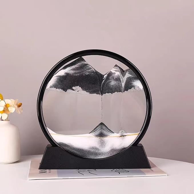 BGFJYUK Moving Sand Art Picture in Motion, Round Tempered Glass 3D Deep Sea Sandscapes with Display Flowing Sand Frame for Relaxing Desktop Home Office Work Décor for Kids Adults (Black, 7inch) - Bloomnest