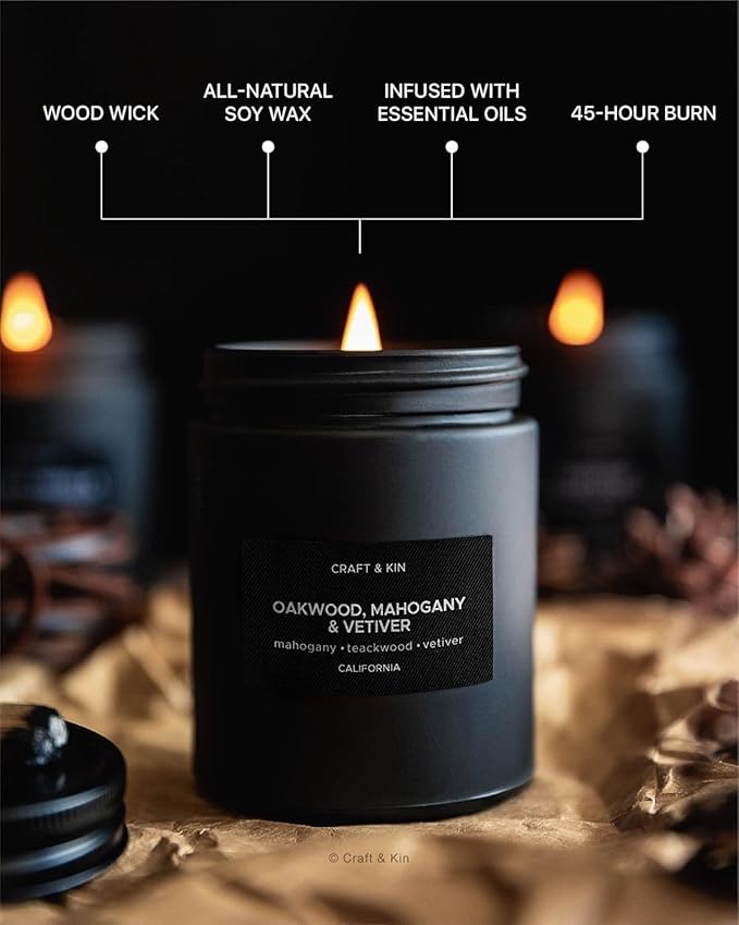 Craft & Kin Premium Oakwood, Mahogany & Vetiver Candle | Black Christmas Scented Candles for Men | Long Lasting with 45 Hour Burn Time, 7.6oz | Soy Holiday Candles | Aromatherapy at Home - Bloomnest