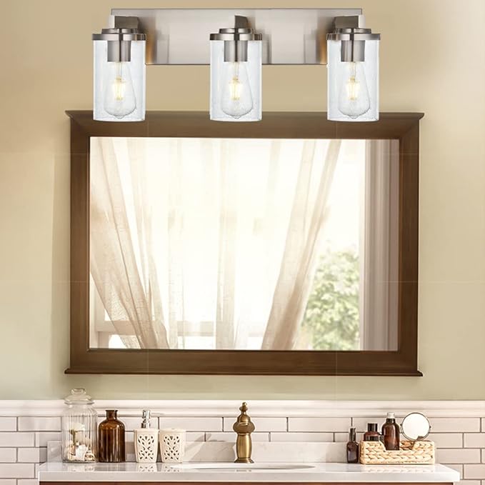BONLICHT Brushed Nickel Vanity Light 3 Lights Modern Bathroom Light Fixtures Over Mirror with Seeded Glass, Industrial Metal Indoor sconces Wall Lighting for Powder Room Hallway Kitchen Sink Cabinet - Bloomnest