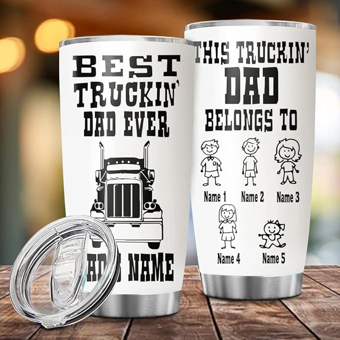 Custom Best Truckin' Dad Ever Truck Driver Trucker Personalized Tumbler Cup Father's Day Gift, Gift For Dad, Father, Papa, Trucker, Truck Driver 20oz Insulated Coffee/Tea Tumbler with Lid - Bloomnest