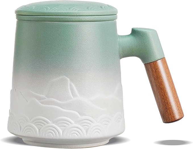ZENS Tea Mug with Infuser and Lid for Loose Leaf Steeper, 16.9 oz Embossed Ceramic Tea Cup with Fine Tea Strainers, Wood Handle Large Tea Diffusers Mugs for Tea Lovers Gifts