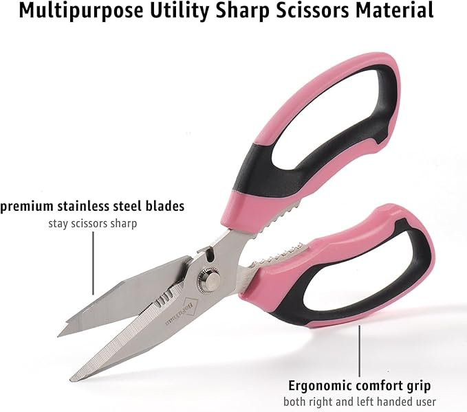 8-Inch Heavy Duty Utility Scissors All Purpose, Serrated Blade, Pink Comfort Grip for Cutting Carpet, Cardboard, Leather, Fabric, Multipurpose Sharp Shears for Kitchen, Garden, Office, Carft - Bloomnest