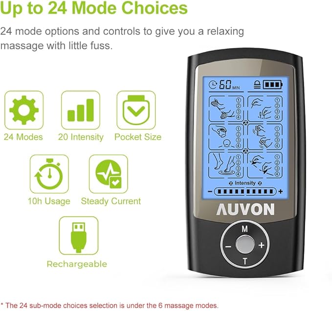 AUVON Rechargeable TENS Unit Muscle Stimulator, 24 Modes 4th Gen TENS Machine with 8pcs 2"x2" Premium Electrode Pads for Pain Relief AUVON