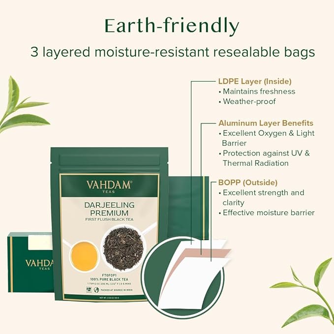 VAHDAM, First Flush Darjeeling Tea - 50 Cups (3.53oz) | Loose Leaf Black Tea - Flowery, Aromatic & Delicious | Picked, Packed & Shipped Direct From India | Champagne Of Teas | Mellow & Fragrant - Bloomnest