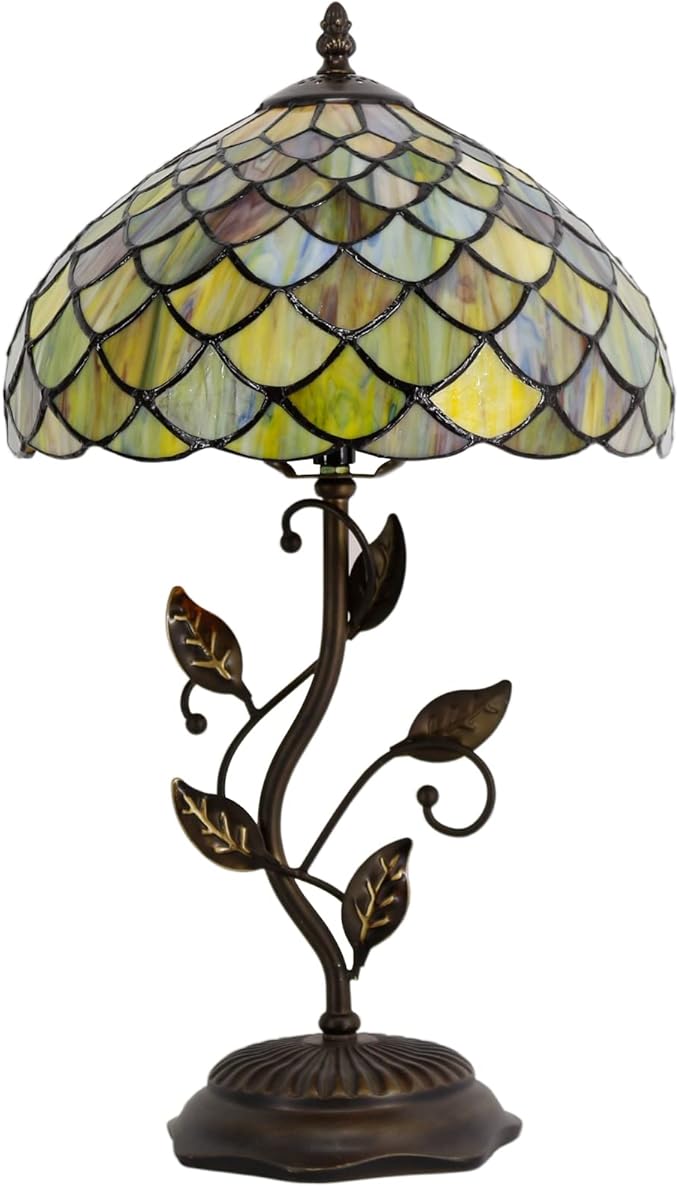 Tiffany Lamp Fish Scales Style Stained Glass Table Lamp Desk Bedside Reading Light 12X12X19 Inches with Metal Leaf Base Decor Bedroom Living Room - Bloomnest