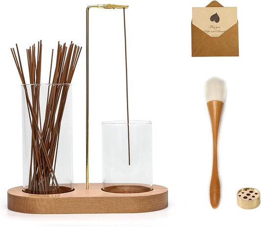 2 in 1 Glass Incense Holder for Sticks with 9-Hole Upright Burner, Ash Catcher, Cleaning Brush & Greeting Card, Meditation & Yoga Accessories,Gift for Home Decor (Light Base) - Bloomnest