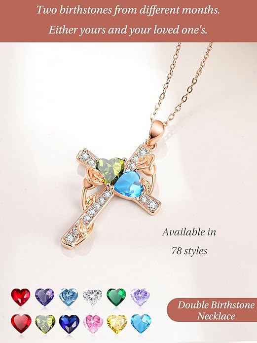 Rose Gold Dual Birthstones Cross Necklace for Women Rose Flower Jewelry Anniversary Christmas Mother's Valentine's Day Birthday Gift for Wife Girlfriend Mom - Bloomnest