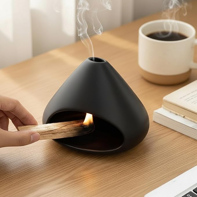 Palo Santo Holder Incense Burner, Sage Sticks Holder, Zongzi Clay Smudge Bowl with Chimney, Mini Cone Ceramic Fireplace for Cedar, Yoga, Sleep, Home Decor, Anxiety Relief Meditation for Women (Black) DIDIBIRD