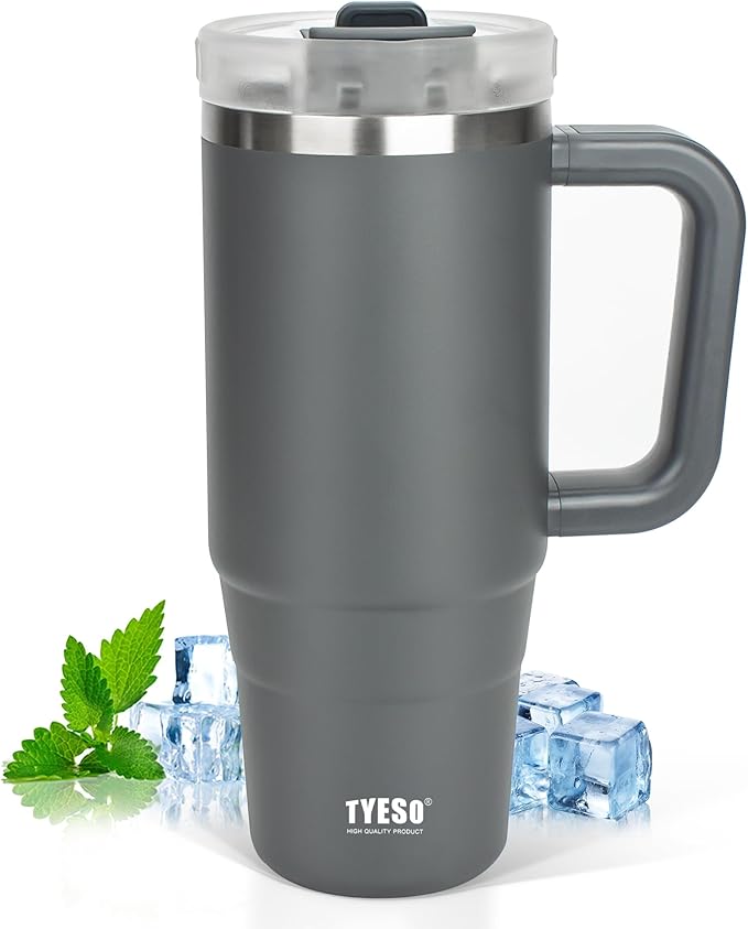 Tyeso 40 oz Tumbler with Handle, Straw and Lid - Leak Resistant Insulated Stainless Steel Water Bottle, Car Cup Holder Friendly Travel Coffee Mug Gray - Gifts for Men & Women - Bloomnest