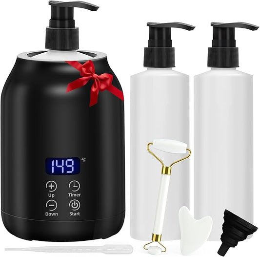 Massage Oil Warmer with Gua Sha Roller Set, Yofuly Professional Oil Warmer for Massage with Two Dispenser Bottles, Portable Electric Temperature Control Lotion Digital Heater for Spa, Black - Bloomnest