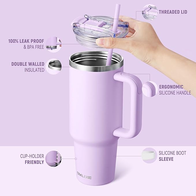 40 oz Tumbler with Handle and Straw Lid,Insulated Reusable Stainless Steel Water Bottle Travel Mug，Cupholder Friendly Double Wall Vacuum Sealed Cup (Lavender Purple) - Bloomnest
