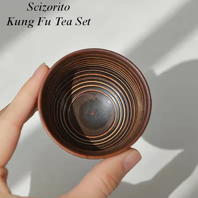 Ceramic Portable Travel Tea Set, Chinese Kungfu Tea Set with 360 Rotation Teapot and Infuser, 4 Tea Cups, Tea Tray And Travel Bag (Wood Color Weave)