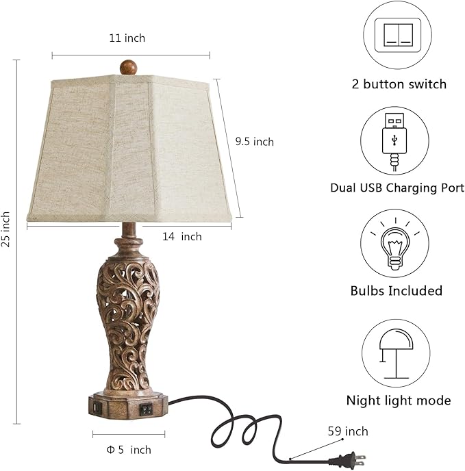 Set of 2 Rustic Table Lamps for Living Room Bedroom, 2 USB Ports 25'' Vintage Farmhouse Desk Lamp with Nightlight, Brown Hollow Out Resin Lamp for End Table (Bulbs Included) - Bloomnest