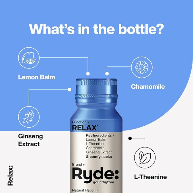 RYDE: Discovery Pack | Energize, Focus & Relax Shots | Green Tea Caffeine, Taurine, Ginseng, B Vitamins, L-Theanine, Lemon Balm, Chamomile | 0 Calories, 0 Sugar | Variety Pack – Try Them All (6 Pack) - Bloomnest