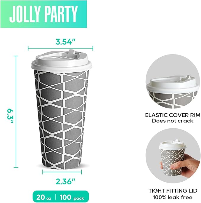 JOLLY PARTY Disposable Coffee Cups with Lids -20 oz (100 Sets) To Go Cups, Paper Coffee Cups for Beverages Espresso Tea, Suitable for Cafes, Offices and Home - Bloomnest
