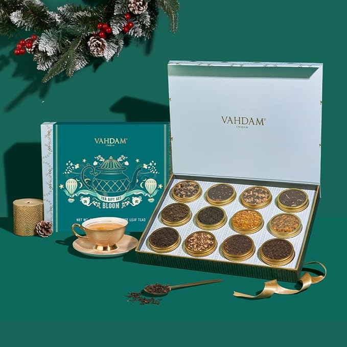 VAHDAM, Bloom - Assorted Christmas Tea Gift Sets (12 Loose Leaf Tea) Tin Caddy Presentation Box | Gluten Free, Non GMO | Holiday Gifts for Everyone - Bloomnest