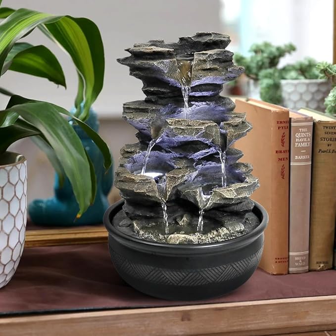 15.7” High Rock Falls Tabletop Water Fountain with LED Lights - Indoor 5-Tier Cascading Fountain for Home and Office Decor (Gray_3, 15.7" high) - Bloomnest
