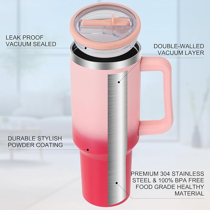 40 oz Tumbler with Handle and Flip Straw Lid, Vacuum Insulated Leak Proof Double Walled Stainless Steel Travel Mug Tumblers, Maintains Cold Ice and Heat for Hours(Pink Gradient) - Bloomnest