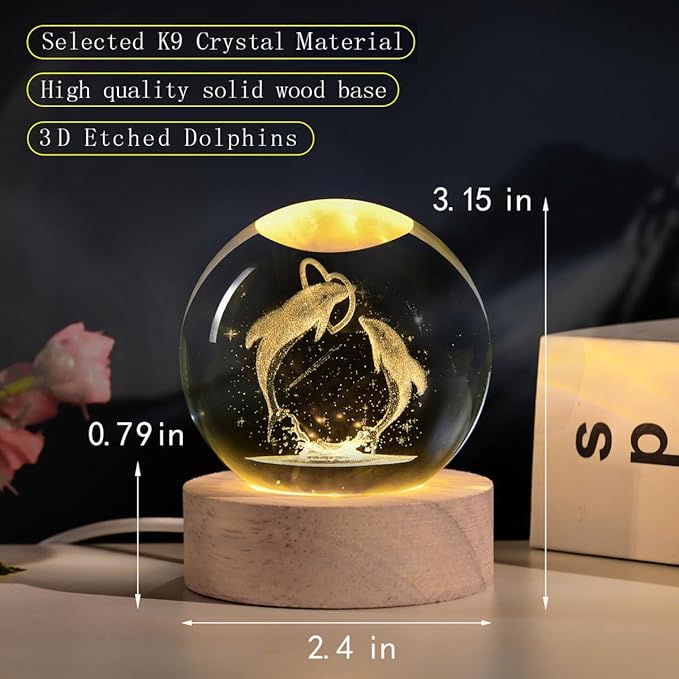 3D Laser Engraved Dolphin Crystal Ball, Romantic Dolphin & Heart LED Night Light, 60mm Sea Animal Figurines Decor Glass Sphere Lamp Gifts for Women Kids Mom - Bloomnest