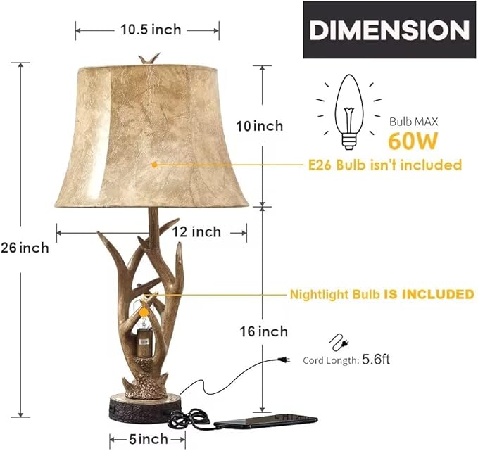 Dungoo Rustic Western Deer Table Lamps with Nightlight Set of 2, 26" Rustic Bedside Lamps for Bedroom with 2 USB Ports, Natural Antler Table Lamp for Christmas Living Room Foyer Office - Bloomnest