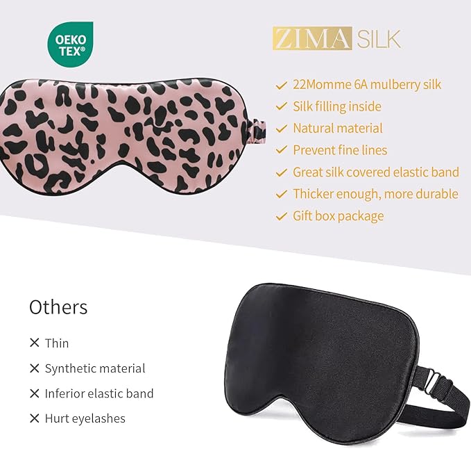 ZIMASILK Adjustable 100% 22 Momme Mulberry Silk Sleep Mask for Sleeping, Filled with Premium Mulberry Silk, Softest & Breathable Eye Sleeping Mask (Leopard - Black Pink) - Bloomnest