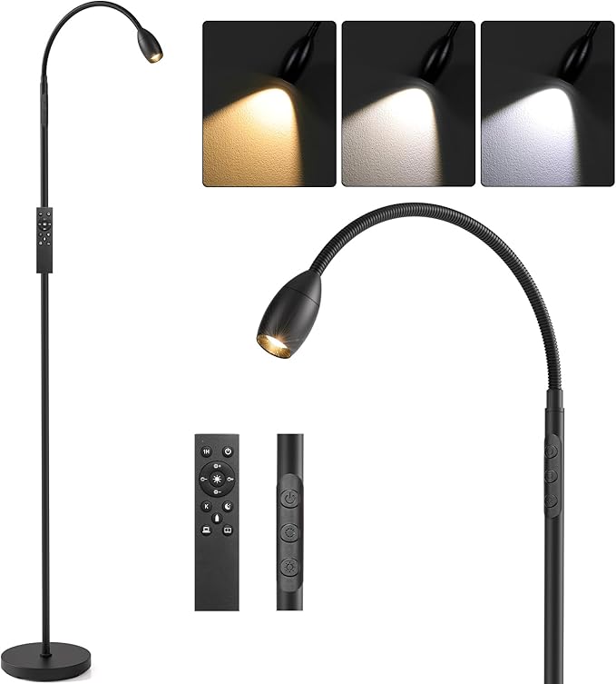 Reading Floor Lamp, 72" Tall LED Lamp with Flexible Gooseneck, Dimmable Zoomable Spotlight, Adjustable Color Beam Standing Lamp, Touch & Remote Control, Task Craft Bedroom Living Room, Matte Black - Bloomnest