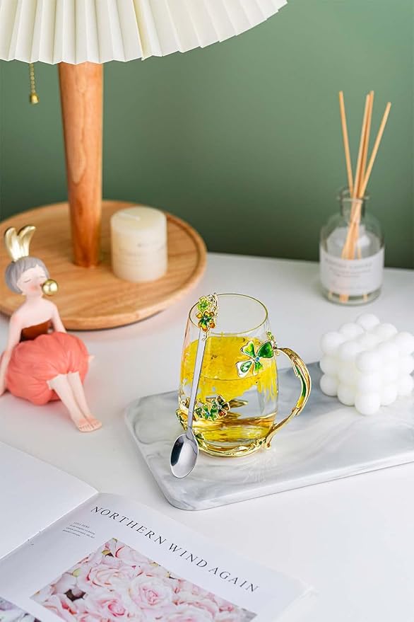 Luka Tech four-leaf clover flower Glass Coffee Mugs Tea Cup with Spoon, Unique Gifts For Women Wife Mom Friends Birthday Mothers Valentines Day Christmas (Green) - Bloomnest